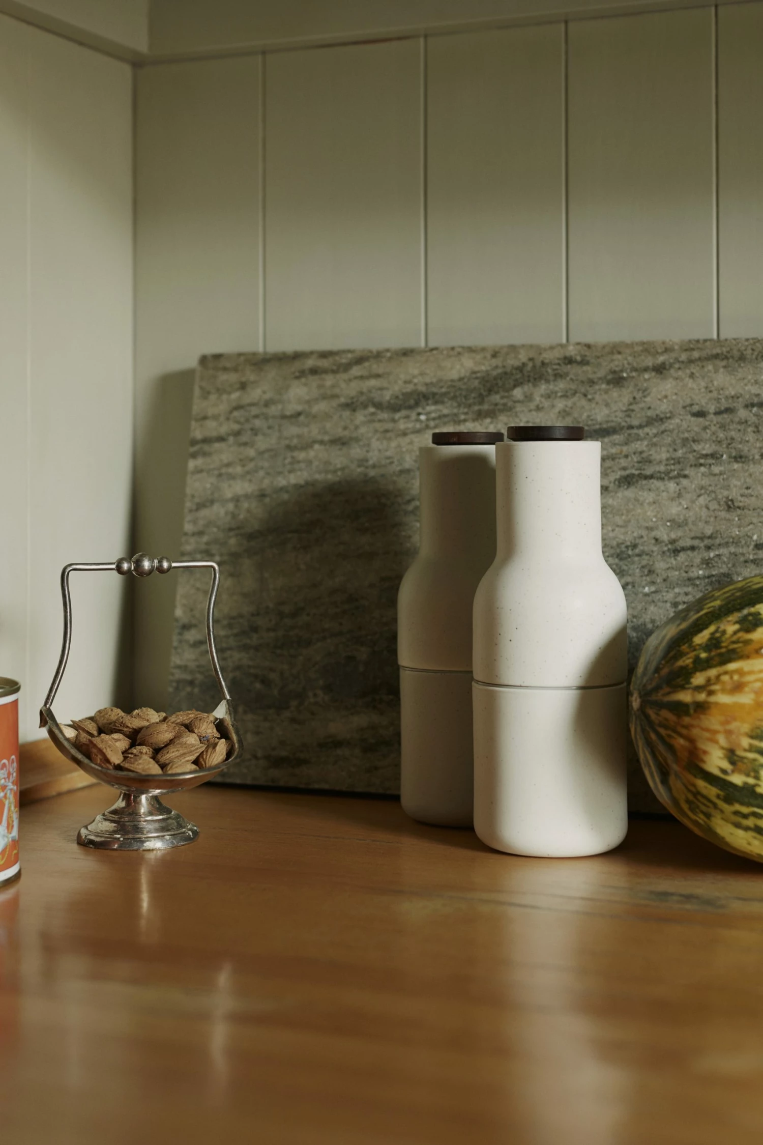 Menu Set of 2 Sand Ceramic Bottle Grinders with Walnut Top 5 Menu Set of 2 Sand Ceramic Bottle Grinders with Walnut Top