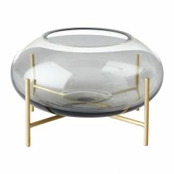 Menu Smoke Grey Echasse Hurricane Tealight Holder with Brushed Brass Stand