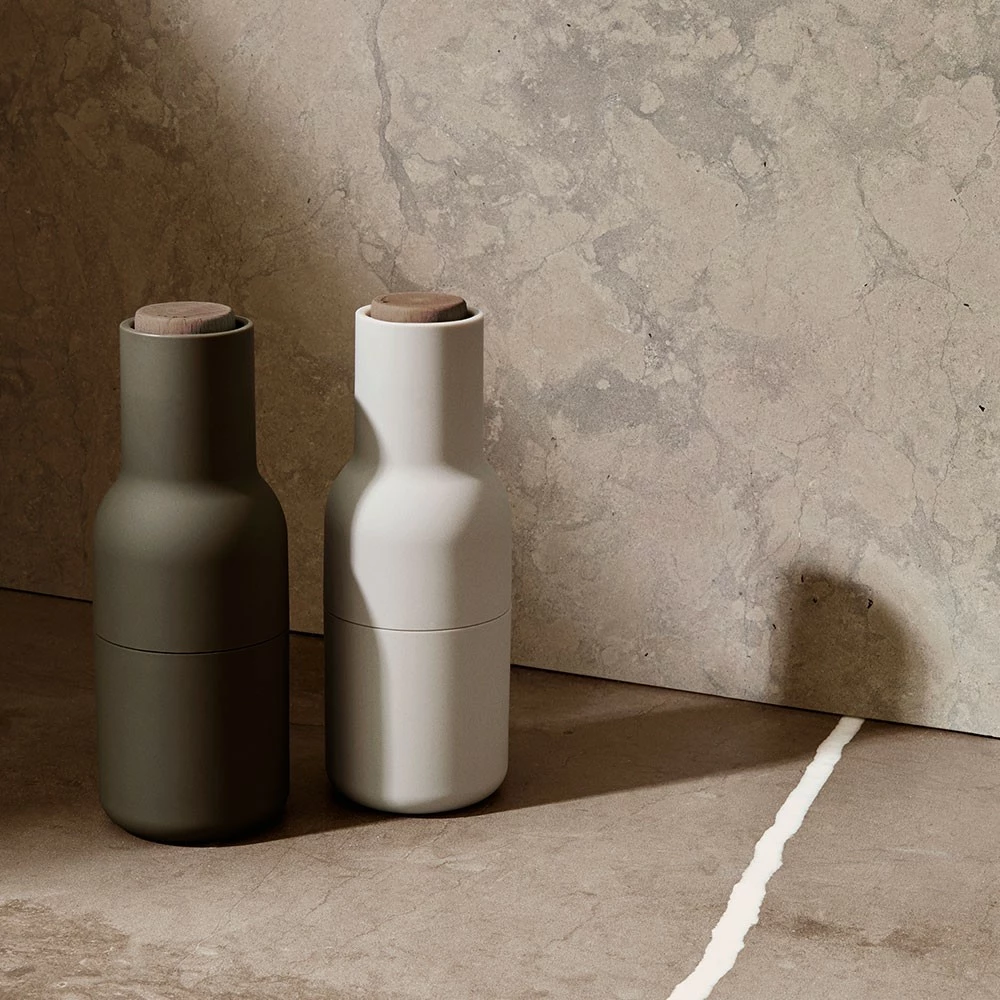 Menu Set of 2 Hunting Green BOTTLE GRINDERS with Walnut Top 4 Menu Set of 2 Hunting Green BOTTLE GRINDERS with Walnut Top